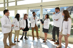 School of Medicine students gather in a sunlit hallway.